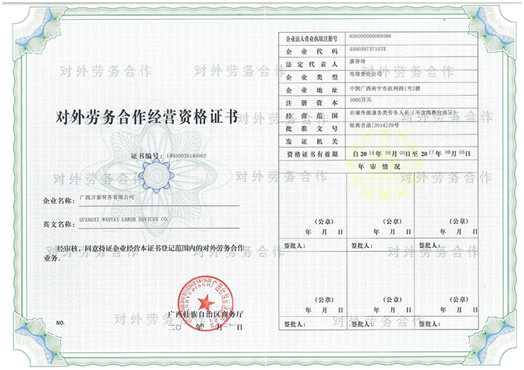 对外劳务合作经营资格证书